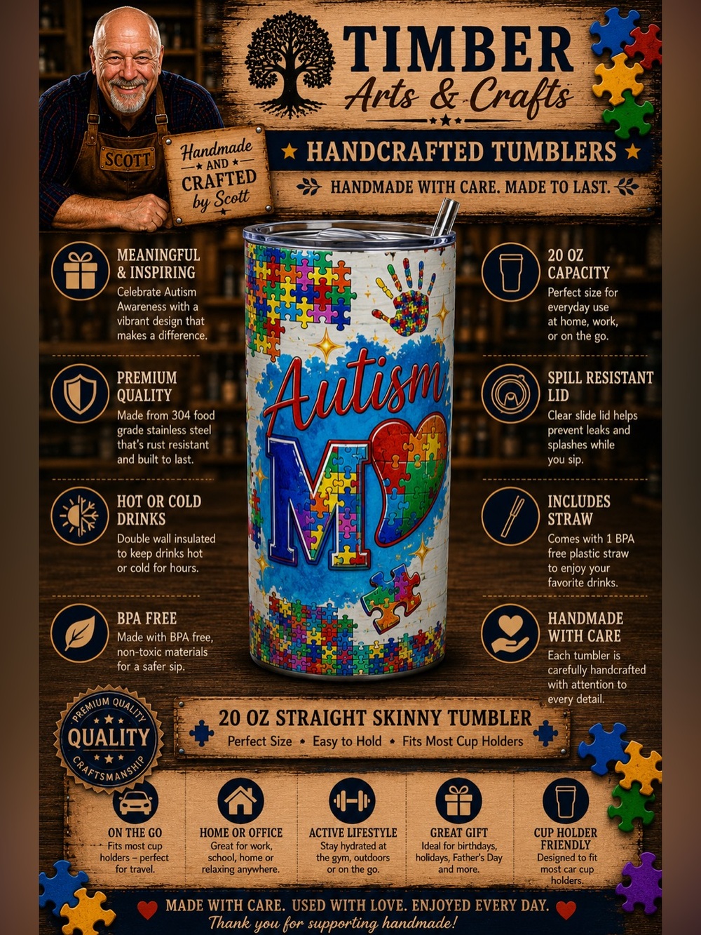 Autism Awareness Mom Heart Puzzle Pieces 20 oz
Straight Skinny Tumbler